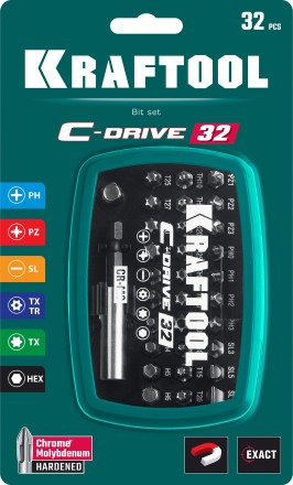 Набор бит и адаптеров KRAFTOOL C-Drive многофункциональный, Cr-Mo сталь, в ударопрочном компактном боксе. Цветная маркировка типов шлицов 26067-H32 купить в Нижневартовске