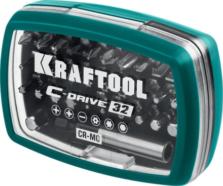 Набор бит и адаптеров KRAFTOOL C-Drive многофункциональный, Cr-Mo сталь, в ударопрочном компактном боксе. Цветная маркировка типов шлицов 26067-H32 купить в Нижневартовске