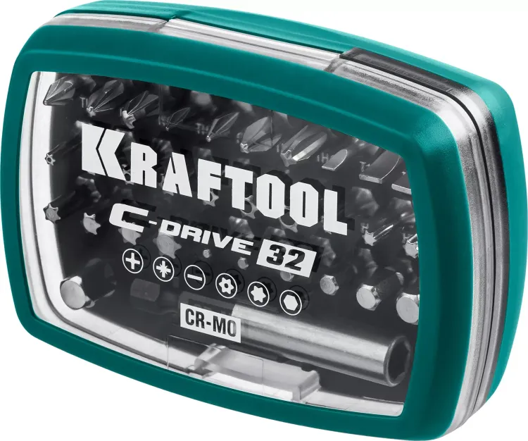Набор бит и адаптеров KRAFTOOL C-Drive многофункциональный, Cr-Mo сталь, в ударопрочном компактном боксе. Цветная маркировка типов шлицов 26067-H32 купить в Нижневартовске