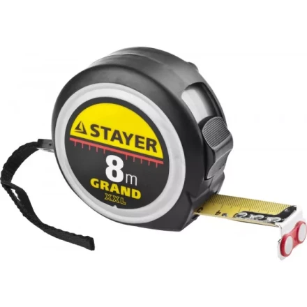 Рулетка STAYER GRAND, корпус с противоскользящим напылением, упрочненное полотно, 8м/25мм 552119 купить в Нижневартовске