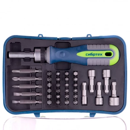 Отвертка реверсивная с набором бит и торцевыми головками 35 шт CrV Сибртех 13337 купить в Нижневартовске