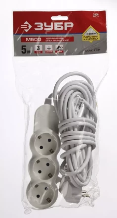 Удлинитель ЗУБР "МАСТЕР" электрический, ПВС сечение 1кв мм, заземление, 3 гнезда, макс мощн 3500Вт, 5м 55038-5 купить в Нижневартовске