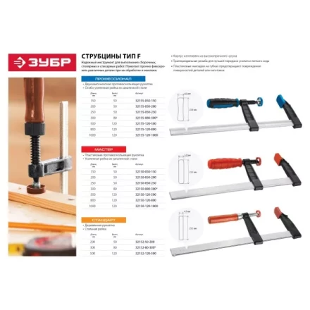 Струбцина ЗУБР "МАСТЕР", тип "F", пластмассовая ручка, стальная закаленная рейка, 50х200мм 32150-050-200 купить в Нижневартовске