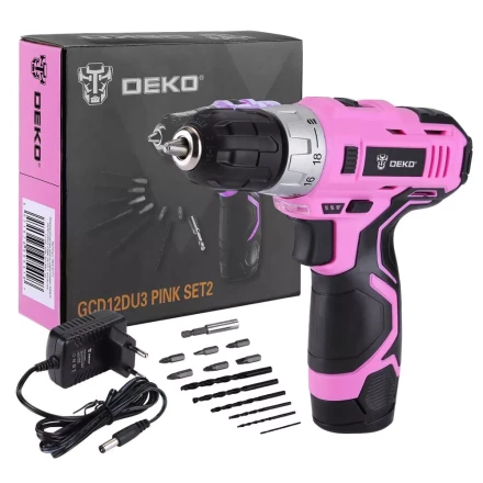 Дрель аккумуляторная DEKO GCD12DU3 PINK SET2 + оснастка 13 шт, 063-4171 купить в Нижневартовске