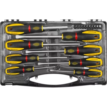 Набор STAYER "PROFESSIONAL" "PROTech": Отвертки, Cr-Mo, двухком рукоят, отвертки 7шт, отвертка-битодержатель, биты 10шт 25133-H8_z02 купить в Нижневартовске