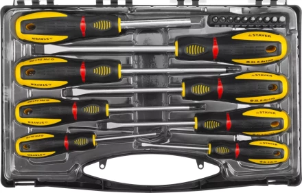 Набор STAYER "PROFESSIONAL" "PROTech": Отвертки, Cr-Mo, двухком рукоят, отвертки 7шт, отвертка-битодержатель, биты 10шт 25133-H8_z02 купить в Нижневартовске