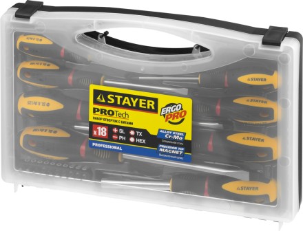 Набор STAYER &quot;PROFESSIONAL&quot; &quot;PROTech&quot;: Отвертки, Cr-Mo, двухком рукоят, отвертки 7шт, отвертка-битодержатель, биты 10шт 25133-H8_z02 купить в Нижневартовске