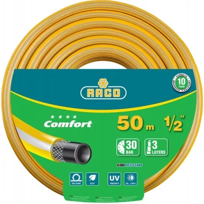 Шланг RACO "COMFORT" поливочный, 30атм., армированный, 3-х слойный, 1/2"х50м 40303-1/2-50