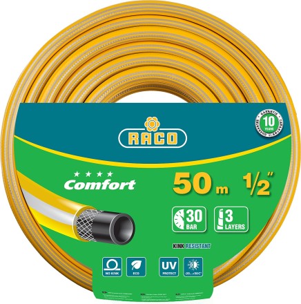 Шланг RACO &quot;COMFORT&quot; поливочный, 30атм., армированный, 3-х слойный, 1/2&quot;х50м 40303-1/2-50 купить в Нижневартовске
