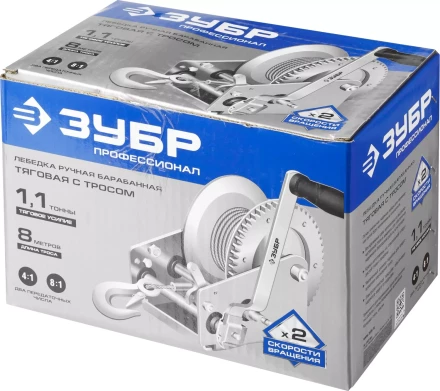 Лебедка ручная барабанная ЗУБР "ПРОФЕССИОНАЛ", тяговая, тросовая, 1,1т, 8м 43113-1.1_z01 купить в Нижневартовске