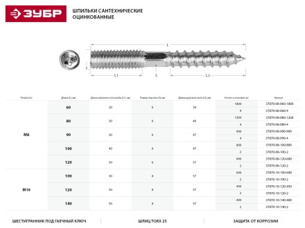 ЗУБР &quot;МАСТЕР&quot;. Шпилька сантехническая, шестигранник, Torx 25, оцинкованная, М8x80мм, 1200шт 37870-08-080-1200 купить в Нижневартовске