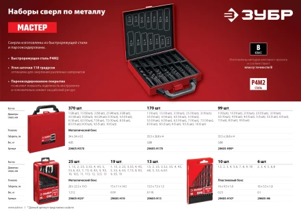 ЗУБР 99 шт, (1-10 мм), сталь Р4М2, класс В, мет.бокс, набор сверл по металлу (29605-H99) купить в Нижневартовске