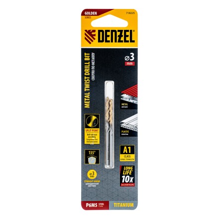 Сверло спиральное по металлу 3 x 60 мм, Р6М5, Golden Tip , 2шт. Denzel 718225 купить в Нижневартовске