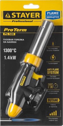 Газовая горелка &quot;ProTerm&quot; на баллон, STAYER &quot;PROFESSIONAL&quot; 55580, с пьезоподжигом, регулировка пламени, цанговое соединение, 1300С 55580 купить в Нижневартовске