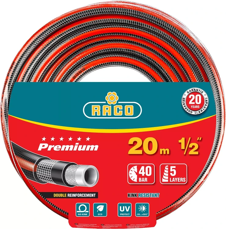 Шланг RACO "PREMIUM" поливочный, 40атм., армированный, 3-х слойный, 1/2"х20м 40300-1/2-20 купить в Нижневартовске