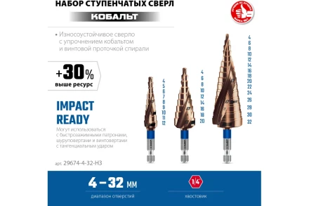 ЗУБР КОБАЛЬТ 3 шт, 4-32мм, винтовая проточка, набор ступенчатых сверл, ПРОФЕССИОНАЛ (29674-4-32-H3) купить в Нижневартовске