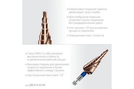 ЗУБР КОБАЛЬТ 3 шт, 4-32мм, винтовая проточка, набор ступенчатых сверл, ПРОФЕССИОНАЛ (29674-4-32-H3) купить в Нижневартовске