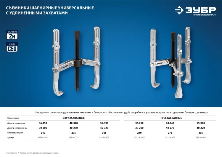 ЗУБР внешний d 40 - 340 мм, внутренний d 40 - 270 мм, шарнирный двухзахватный съемник с удлиненными захватами, Профессионал (43316-275) купить в Нижневартовске