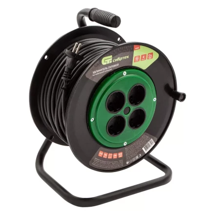 Удлинитель силовой 50 м Сибртех 95855, 10А, тип УХ10, ПВС, на кабельной катушке, 4 розетки без заземления купить в Нижневартовске