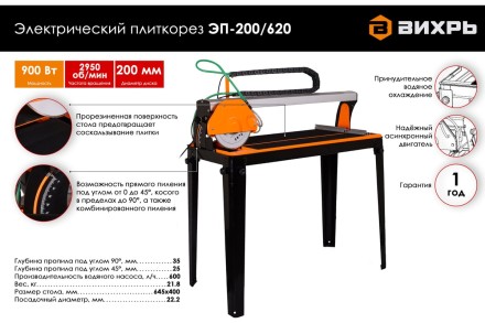 Электрический плиткорез с водяным охлаждением Вихрь ЭП-200/620 72/22/2 купить в Нижневартовске