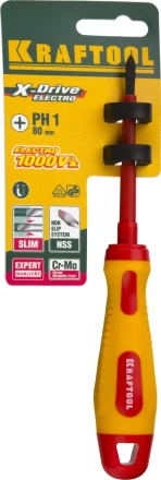 Отвертка KRAFTOOL, высоковольтная, Cr-Mo-V стержень, двухкомпонент. маслобензостойкая рукоятка, PH №1, 80мм 250084-1-080 купить в Нижневартовске