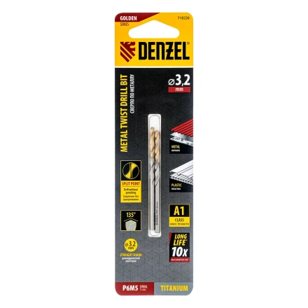 Сверло спиральное по металлу 3,2 x 65 мм, Р6М5, Golden Tip , 2шт. Denzel 718226 купить в Нижневартовске