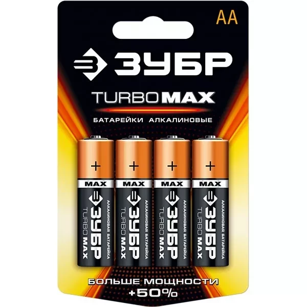 Батарейка ЗУБР "TURBO MAX" щелочная (алкалиновая), тип AA, 1,5В, 4шт на карточке 59206-4C купить в Нижневартовске