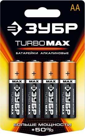 Батарейка ЗУБР "TURBO MAX" щелочная (алкалиновая), тип AA, 1,5В, 4шт на карточке 59206-4C купить в Нижневартовске