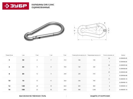 Карабин ЗУБР "МАСТЕР" DIN 5299С, оцинкованный, 6мм, 40 шт 4-304545-06 купить в Нижневартовске
