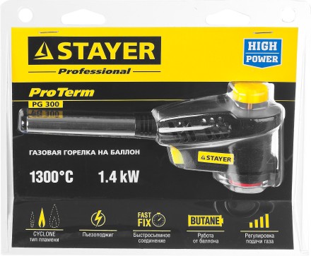 Газовая горелка &quot;ProTerm&quot; на баллон, STAYER &quot;PROFESSIONAL&quot; 55582, с пьезоподжигом, регулировка пламени, вихревое пламя, цанговое соединение, 1300С 55582 купить в Нижневартовске