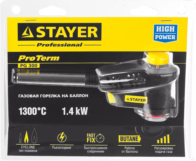 Газовая горелка "ProTerm" на баллон, STAYER "PROFESSIONAL" 55582, с пьезоподжигом, регулировка пламени, вихревое пламя, цанговое соединение, 1300С 55582 купить в Нижневартовске