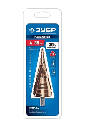 ЗУБР КОБАЛЬТ 4-39мм, 14 ступеней, винтовая проточка, сверло ступенчатое, серия Профессионал(29674-4-39-14) купить в Нижневартовске