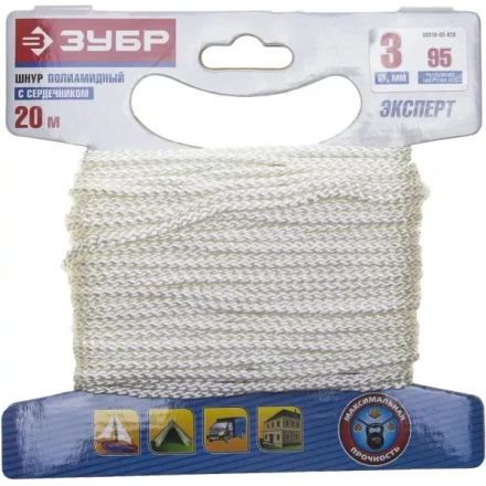 Шнур ЗУБР полиамидный, плетеный, повышенной нагрузки, с сердечником, белый, d 3, 20м 50310-03-020 купить в Нижневартовске