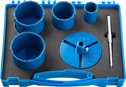 Набор кольцевых коронок ЗУБР &quot;ПРОФЕССИОНАЛ&quot; c карбид-вольфрамовым нанесением, 6 предм. в кейсе: коронки O 33, 53, 67, 73 мм, основание, сверло 33350-H6_z01 купить в Нижневартовске