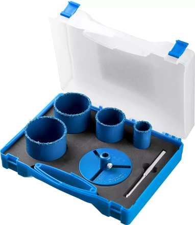 Набор кольцевых коронок ЗУБР &quot;ПРОФЕССИОНАЛ&quot; c карбид-вольфрамовым нанесением, 6 предм. в кейсе: коронки O 33, 53, 67, 73 мм, основание, сверло 33350-H6_z01 купить в Нижневартовске