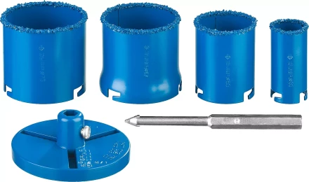 Набор кольцевых коронок ЗУБР &quot;ПРОФЕССИОНАЛ&quot; c карбид-вольфрамовым нанесением, 6 предм. в кейсе: коронки O 33, 53, 67, 73 мм, основание, сверло 33350-H6_z01 купить в Нижневартовске