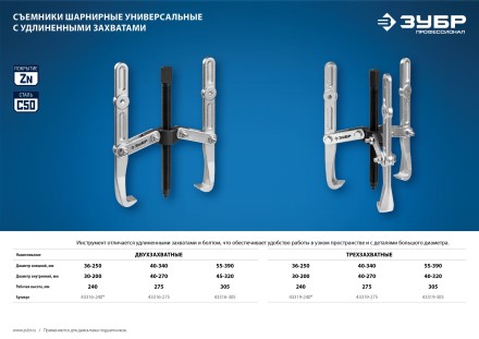 ЗУБР внешний d 55 - 390 мм, внутренний d 40 - 320 мм, шарнирный двухзахватный съемник с удлиненными захватами, Профессионал (43316-305) купить в Нижневартовске