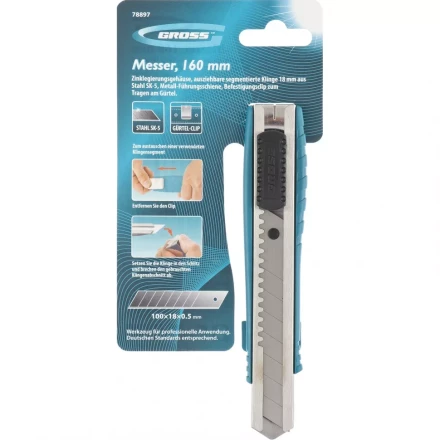 Нож 160 мм метал.корпус выдв. сегм. лезвие 18 мм SK-5 метал. напр-щая клипса для ремня GROSS 78897 купить в Нижневартовске