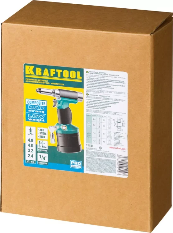 Заклепочник пневматический, KRAFTOOL 31188, корпус из композит материалов, для заклепок из нержав стали, 2,4-3,2-4-4,8мм 31188 купить в Нижневартовске