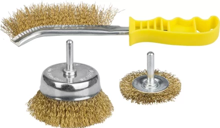 STAYER "PROFESSIONAL". Набор щеток-крацовок, витая стальная латунированная проволока 0,3мм, дисковая 50мм, чашечная 75мм, ручная, 3шт 35151-H3_z01 купить в Нижневартовске
