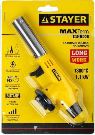 Газовая горелка &quot;MaxTerm&quot; на баллон, STAYER &quot;MASTER&quot; 55584, с пьезоподжигом, регулировка пламени, цанговое соединение, 1300С 55584 купить в Нижневартовске