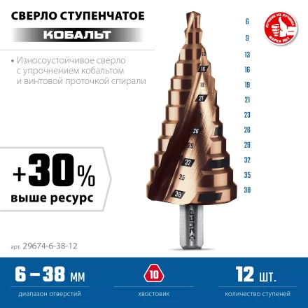ЗУБР КОБАЛЬТ 6-38мм, 12 ступеней, винтовая проточка, сверло ступенчатое, ПРОФЕССИОНАЛ (29674-6-38-12) купить в Нижневартовске