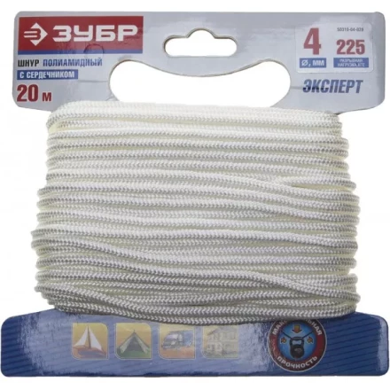 Шнур ЗУБР полиамидный, плетеный, повышенной нагрузки, с сердечником, белый, d 4, 20м 50310-04-020 купить в Нижневартовске
