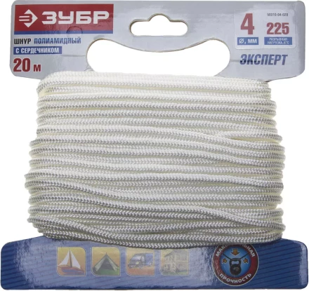 Шнур ЗУБР полиамидный, плетеный, повышенной нагрузки, с сердечником, белый, d 4, 20м 50310-04-020 купить в Нижневартовске