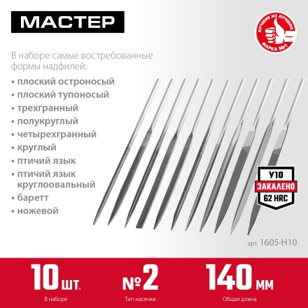 ЗУБР 10 шт, 140 мм, набор надфилей в чехле (1605-H10) купить в Нижневартовске