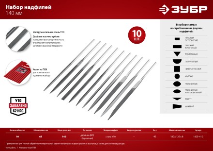ЗУБР 10 шт, 140 мм, набор надфилей в чехле (1605-H10) купить в Нижневартовске