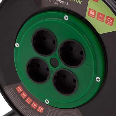 Удлинитель силовой 50 м, 16А, тип УХ10, ПВС, на кабельной катушке, 4 розетки без заземления Сибртех 95865 купить в Нижневартовске