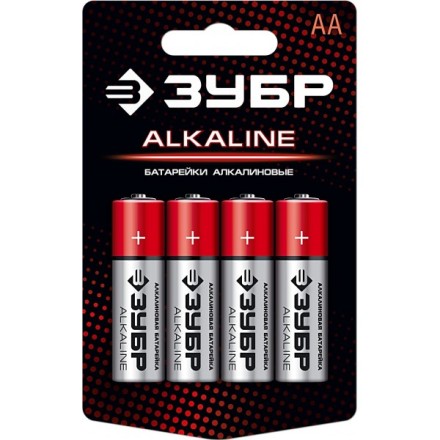 Батарейка &quot;ЗУБР&quot; &quot;ALCALINE&quot; щелочная (алкалиновая), &quot;AA&quot;, 1,5В, 4шт 59223-4C купить в Нижневартовске