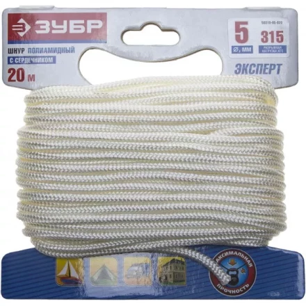 Шнур ЗУБР полиамидный, плетеный, повышенной нагрузки, с сердечником, белый, d 5, 20м 50310-05-020 купить в Нижневартовске