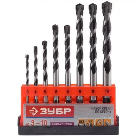 Набор ЗУБР Свёрла "СУПЕР-6" по бетону, ударные, с шестигранным хвостовиком, 3; 4; 5; 6; 6; 8; 8; 10мм, 8шт 2916-H8_z01 купить в Нижневартовске